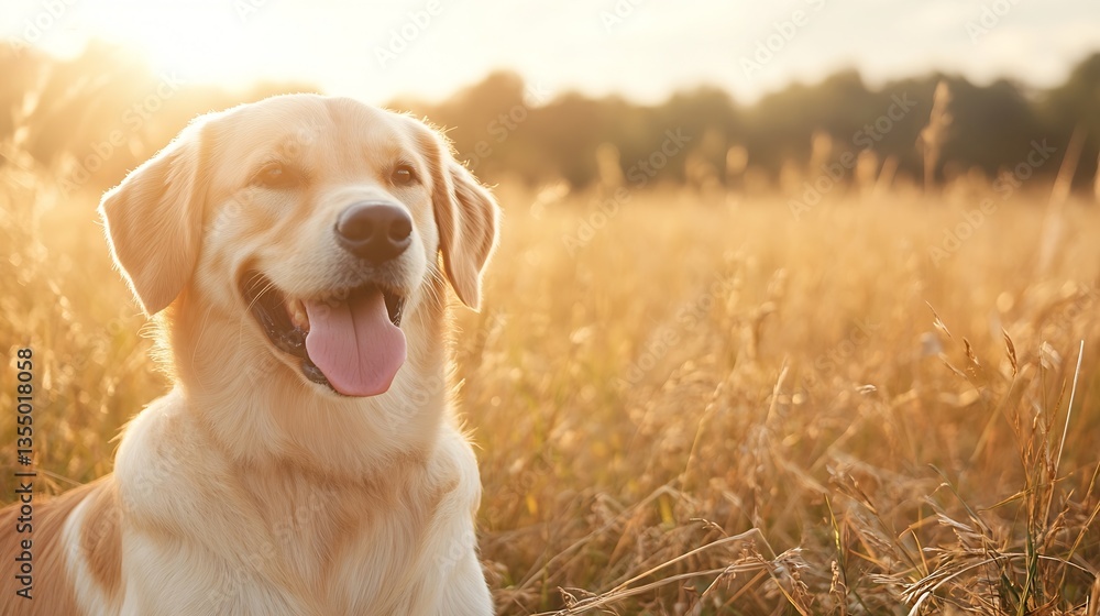 Poster Golden retriever dog sitting in a sunlit field enjoying the warm evening light and beautiful scenery : Generative AI
