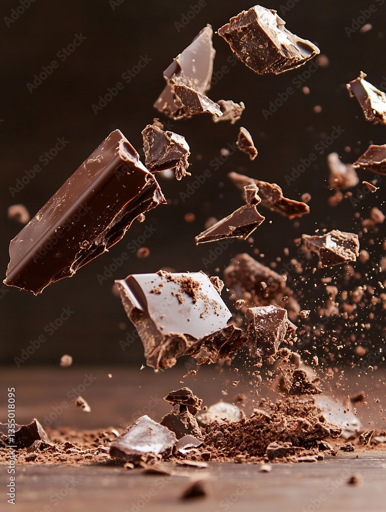 Poster Dynamic explosion of chocolate bars and flakes creating a dramatic effect on dark background : Generative AI