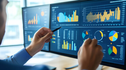 Financial data analytics and business intelligence visualized through KPI dashboards, facilitating strategic decision-making for financial management and advisory roles