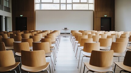 Fototapeta premium Modern conference hall featuring rows of wooden chairs arranged for a professional meeting : Generative AI