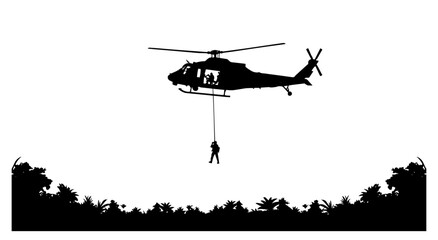 helicopter lowering soldier on rope over forest black vector silhouette © Camel