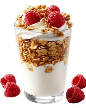 A delightful parfait layered with creamy yogurt, crunchy granola, and juicy raspberries, a perfect morning treat in a clear glass.