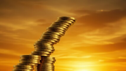 Stacked gold coins against sunset. Symbolizes wealth, investment, financial growth, opportunity, and economic success. Golden sky suggests prosperity, future and monetary value.
