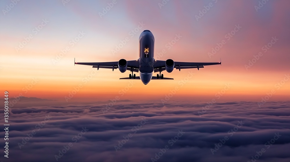 Poster airplane flying above clouds during sunset with beautiful colorful sky background : generative ai