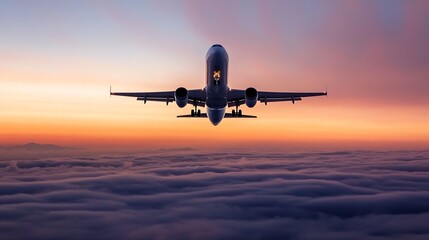 Airplane Flying Above Clouds During Sunset with Beautiful Colorful Sky Background : Generative AI