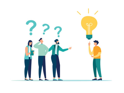 Answering a question, solving a problem with an idea, questions and answers or frequently asked questions, information support concept, vector illustration
