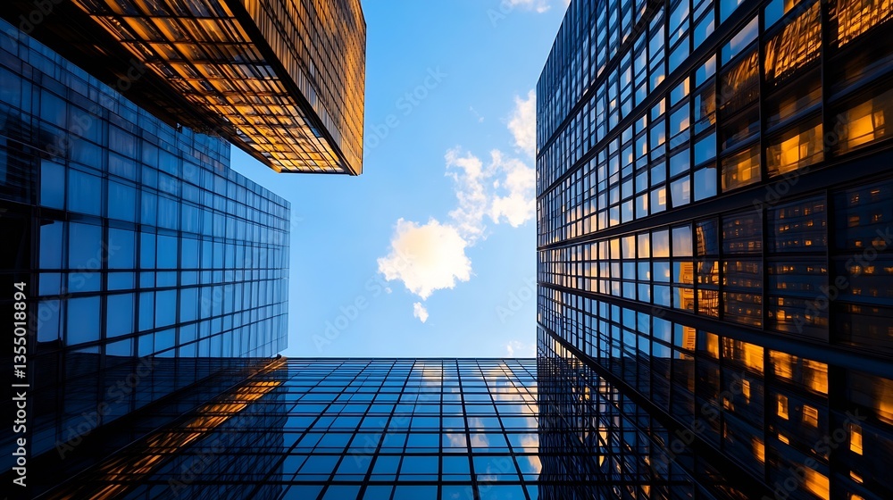 Aufkleber view looking up between modern skyscrapers reflecting sunlight and blue sky with scattered clouds : 