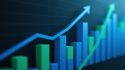 Financial bar graph, blue/green arrows indicate economic growth, rising markets, success. Data visualization shows business trends investment.