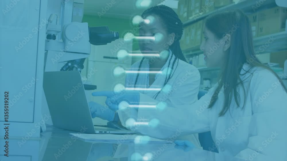 Poster dna strand animation over scientists working with laptop and microscope in lab