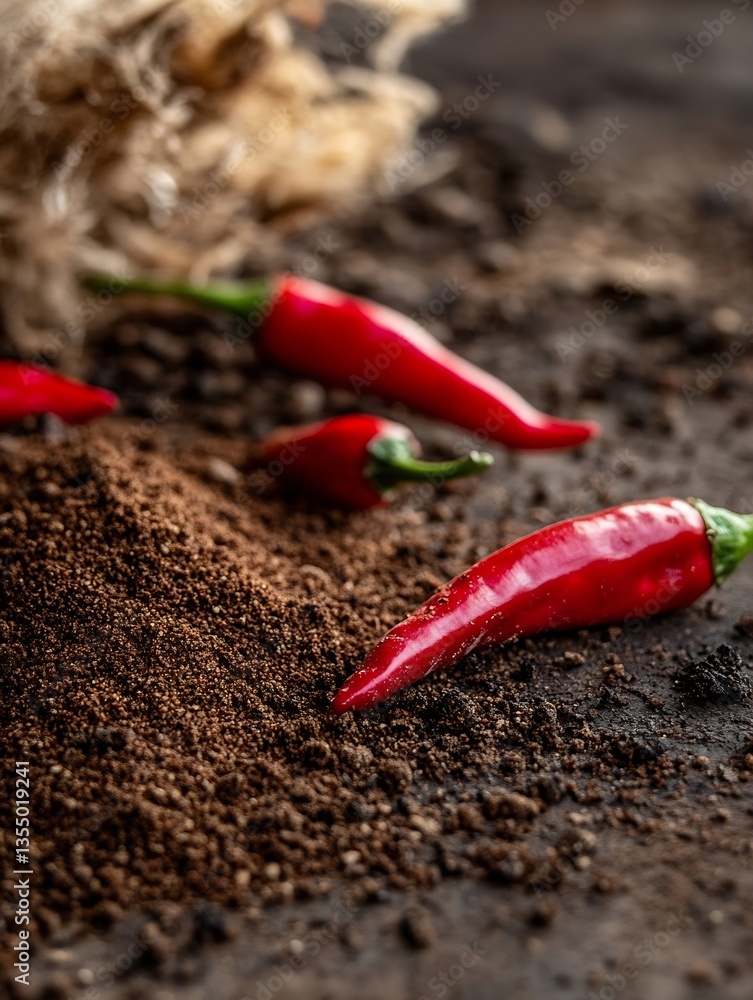 Poster red chili peppers resting on dark soil with ground spice showcasing culinary versatility and freshne