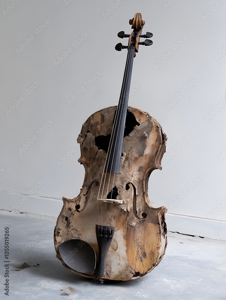 Poster vintage worn out violin with rustic finish artistically displayed in a minimalistic interior : gener