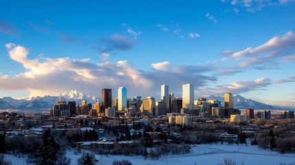 Fototapeta premium Vibrant city skyline with modern buildings and mountain backdrop illuminating the horizon during sunset : Generative AI