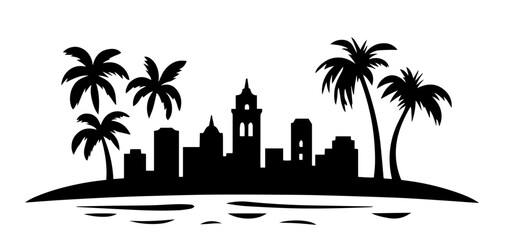 tropical island with city skyline and palm trees black vector silhouette © Camel