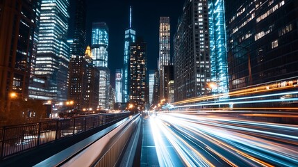 Naklejka premium Dynamic urban night scene showcasing vibrant city skyscrapers and light trails from busy traffic : Generative AI
