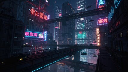 Obraz premium Cyberpunk cityscape with neon signs, elevated walkways and flying vehicles. Night urban exploration depicting technological innovation, advanced architecture and fantasy concepts.