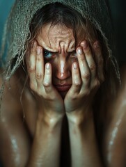 An evocative image of a person obscuring their face with their hands, surrounded by a veil of water, symbolizing deep emotional turmoil and the inner battles faced through life’s challenges.