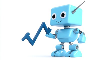 A joyful blue robot with a single arrow, symbolizing financial trends and data growth, ideal for business, technology, and financial illustrations. Modern and engaging.. AI Generation
