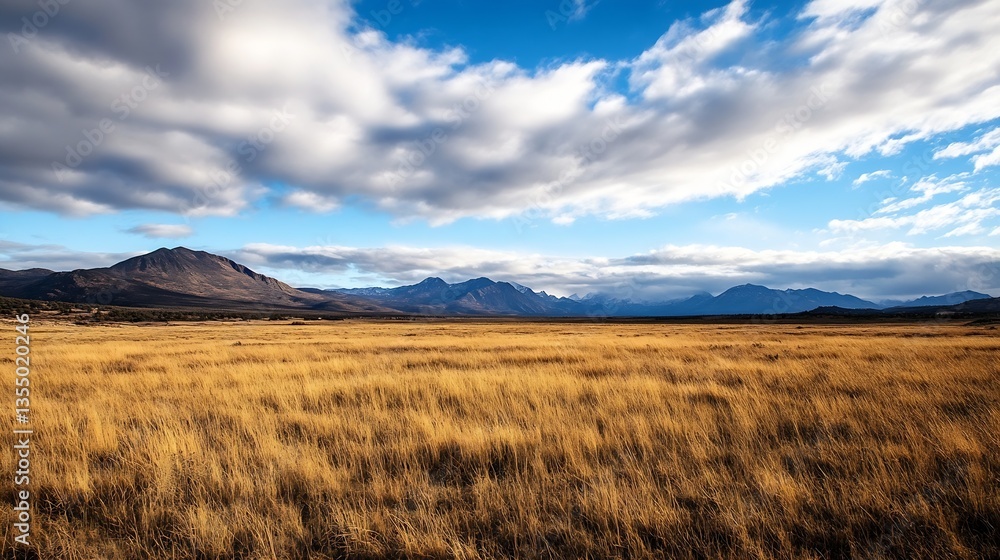 Poster breathtaking landscape of a vast open field with mountains rolling in the background under blue sky 