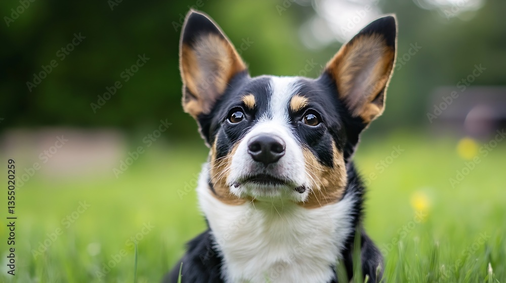 Poster closeup portrait of a curious corgi dog with bright eyes and perked ears in a green field : generati