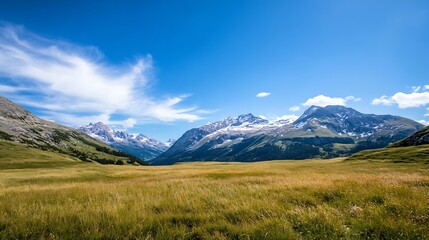 Fototapeta premium Breathtaking panoramic view of the majestic mountains against a clear blue sky in the beautiful landscape : Generative AI