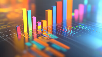 A 3D-rendered financial document visualizes statistical graphs, market research, and business analysis, incorporating strategy, management, and technological advancements