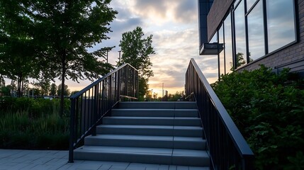 Stunning view of a modern staircase leading toward a sunset backdrop framed by green foliage : Generative AI