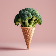 Broccoli ice cream cone with pink background, surreal food concept, creative healthy eating, unique diet symbol, whimsical vegetable photography, abstract vegan food art, unusual culinary idea