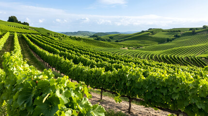Lush vineyard rows stretch across hills