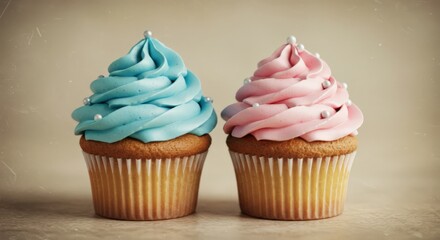 two cupcakes with pastel frosting and pearl sprinkles