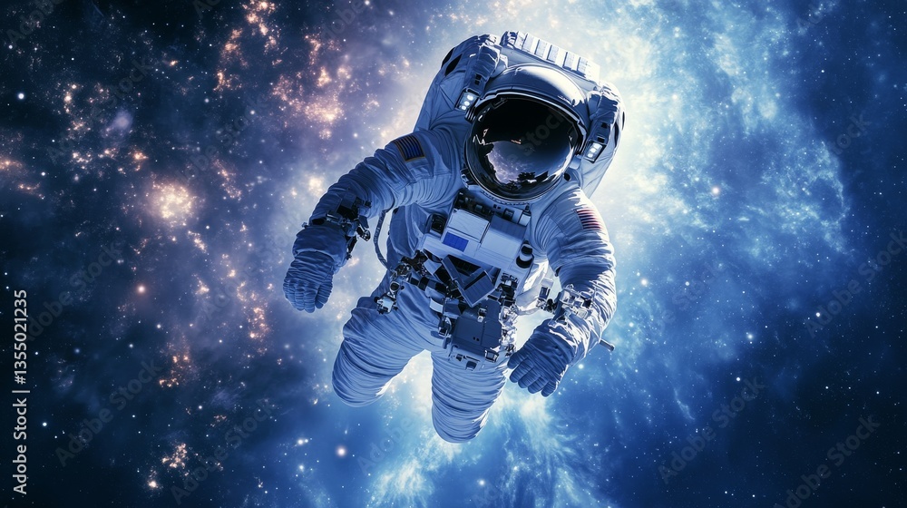 Poster 3d render of an astronaut suspended in space against a vivid galaxy, highlighting the vastness and b
