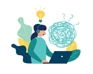 Vector illustration, tangle, tangled and untangled. abstract metaphor, solutions to business problems, customer service, hotline operator advises the client, global technical support online 