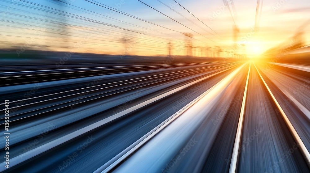 Aufkleber dynamic train tracks blurred by speed with a brilliant sunset in the background : generative ai