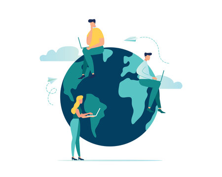 Vector illustration, Work from anywhere in the world, remote work or freelancing, an international company or a global business concept