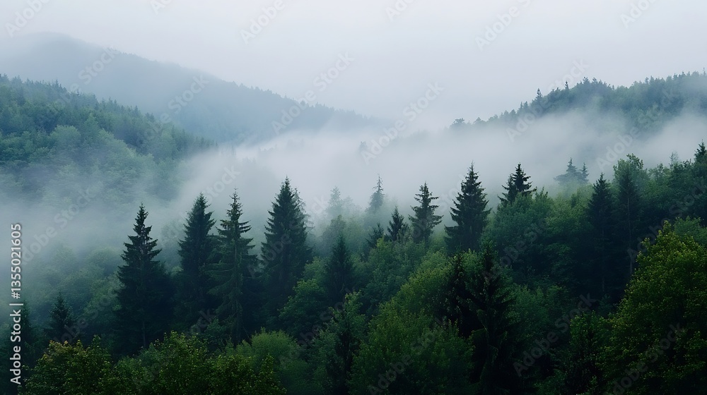 Poster mysterious fog rolling over lush green mountains in a serene landscape : generative ai