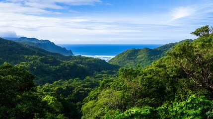 Naklejka premium Lush green tropical landscape with rolling hills and ocean view under a bright blue sky showcasing nature's beauty : Generative AI
