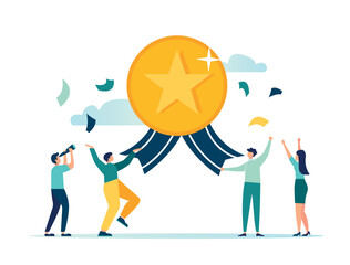 Vector illustration, Team achievements, highly qualified staff, teamwork to achieve success, reward for the best quality of service