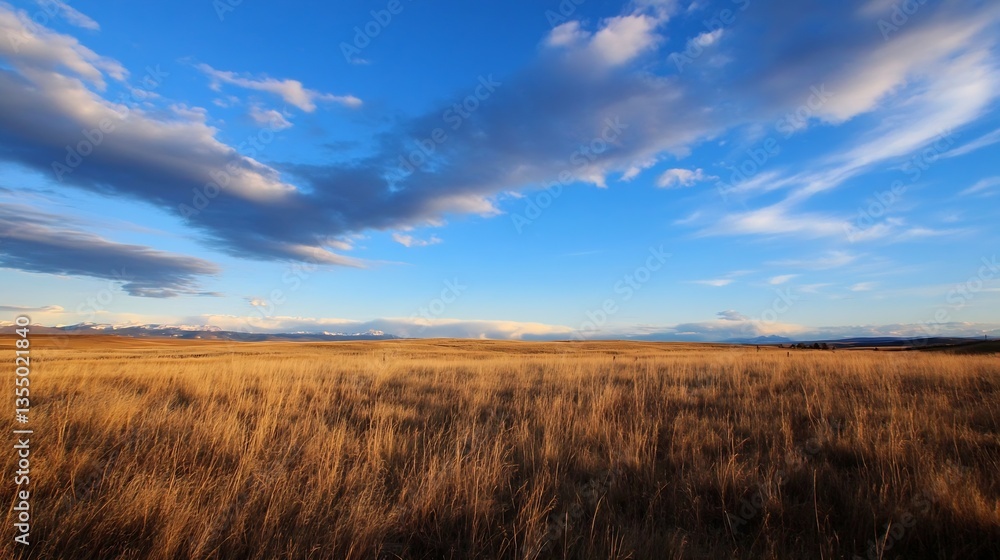 Poster expansive golden grassy field under vast blue sky with soft white clouds floating : generative ai