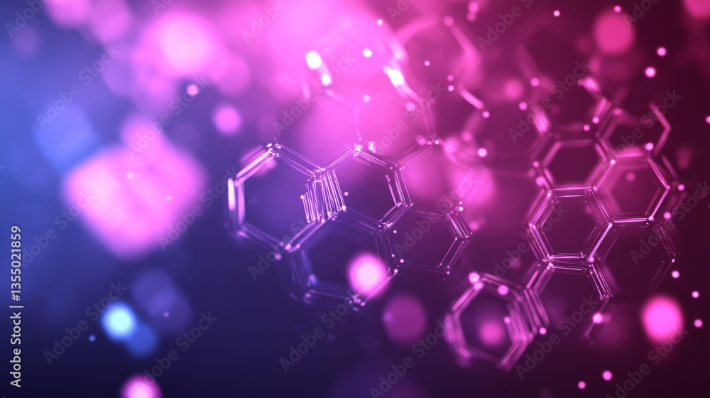 Poster a close-up digital rendering of an abstract molecular structure, highlighted in glowing pink and pur