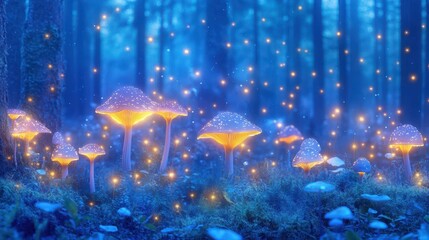 Enchanted Forest: Whimsical illuminated mushrooms glow, creating a magical ambiance in a captivating forest setting. Glowing lights dance amidst the mystical trees.