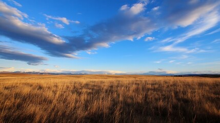 Fototapeta premium Expansive Golden Grassy Field Under Vast Blue Sky with Soft White Clouds Floating : Generative AI