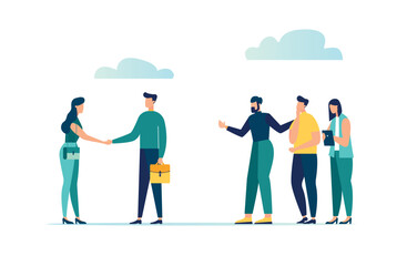 vector illustration, Hiring a new employee, warm welcome to a new office, introduction of a new employee to colleagues, introductory training on the concept of the first working day