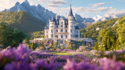 Majestic Castle in Blooming Landscape: An imposing castle nestled amidst rolling hills and verdant gardens, offering a picturesque view of towering mountains in the distance.