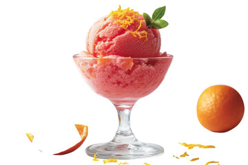 A refreshing scoop of vibrant pink grapefruit sorbet, a summer delight, garnished with zesty orange zest and a sprig of mint in a clear glass dish.