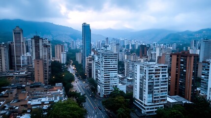 Fototapeta premium Panoramic view of a bustling urban city with high rise buildings under a cloudy sky : Generative AI