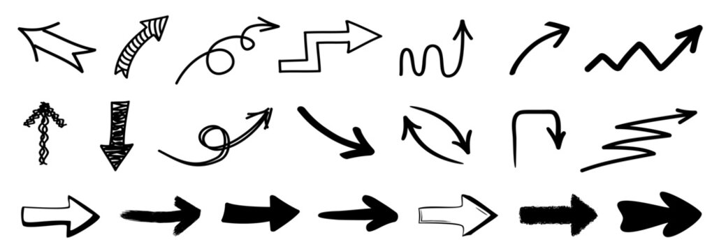 Arrows set icon hand drawn, arrow signs isolated, arrow brush grunge sign