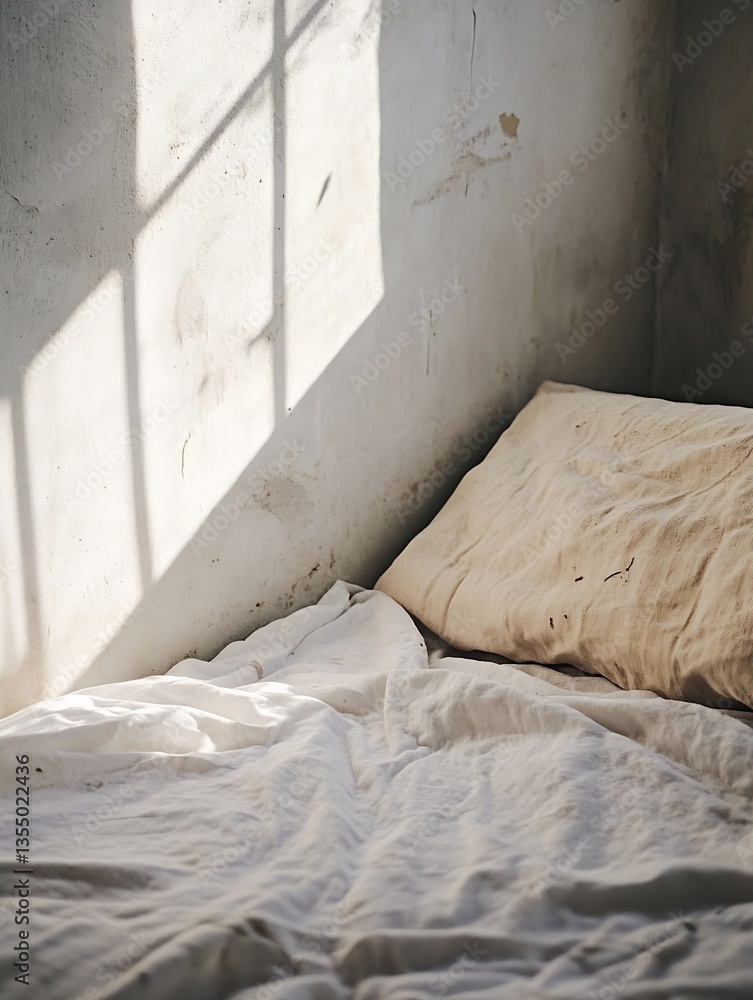 Poster minimalistic photograph of an unmade bed capturing soft light and serene atmosphere of relaxation : 