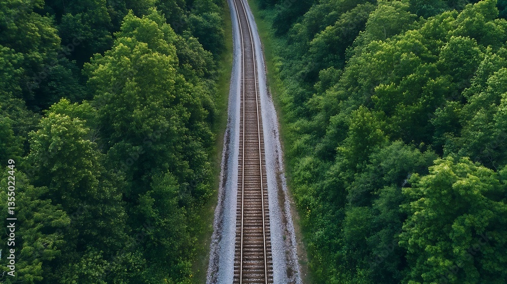 Poster Aerial view of train tracks winding through deep green forest creating a serene travel route : Generative AI