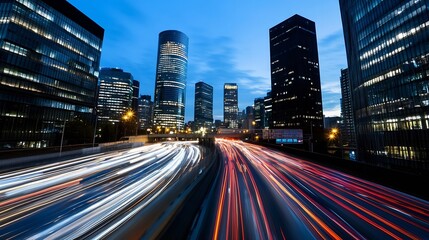 Obraz premium A breathtaking urban night scene capturing the vibrant energy of city life with illuminated skyscrapers and traffic trails : Generative AI