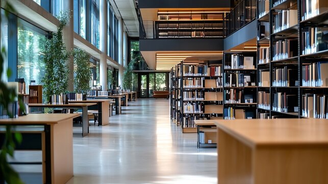 Bright and airy library interior featuring modern design with ample natural light : Generative AI