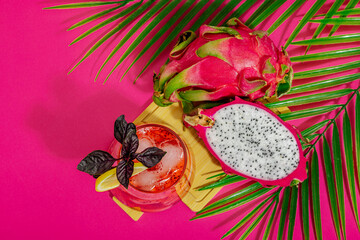 Dragon fruit refreshment drink. Pitaya tropical beverage, smoothie, cocktail. Sweet lemonade